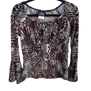 Artex Fashions Womens Black Brown Animal Print Boat Neck Bell Sleeve Top Blouse