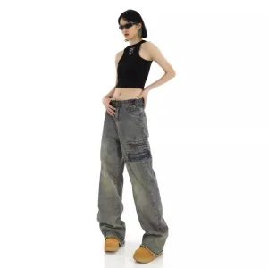 deanwangkt Hong Kong Style Retro High Waisted Workwear Jeans, Women's Summer New Unique Design, Straight Pocket, Floor Long Pants