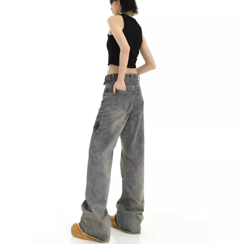 deanwangkt Hong Kong Style Retro High Waisted Workwear Jeans, Women's Summer New Unique Design, Straight Pocket, Floor Long Pants