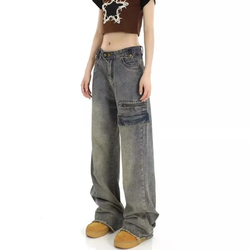 deanwangkt Hong Kong Style Retro High Waisted Workwear Jeans, Women's Summer New Unique Design, Straight Pocket, Floor Long Pants