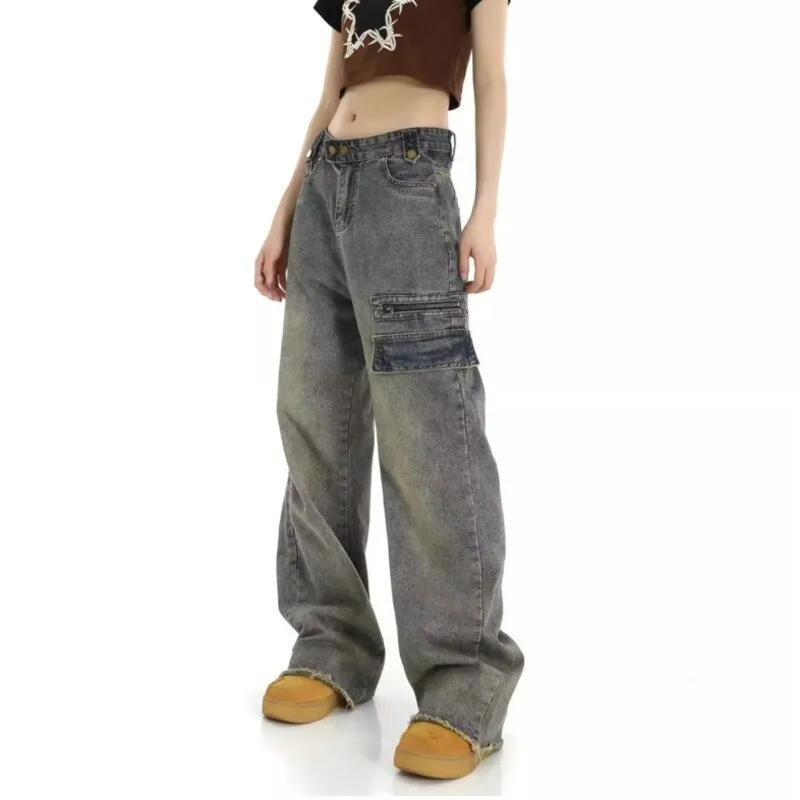 deanwangkt Hong Kong Style Retro High Waisted Workwear Jeans, Women's Summer New Unique Design, Straight Pocket, Floor Long Pants