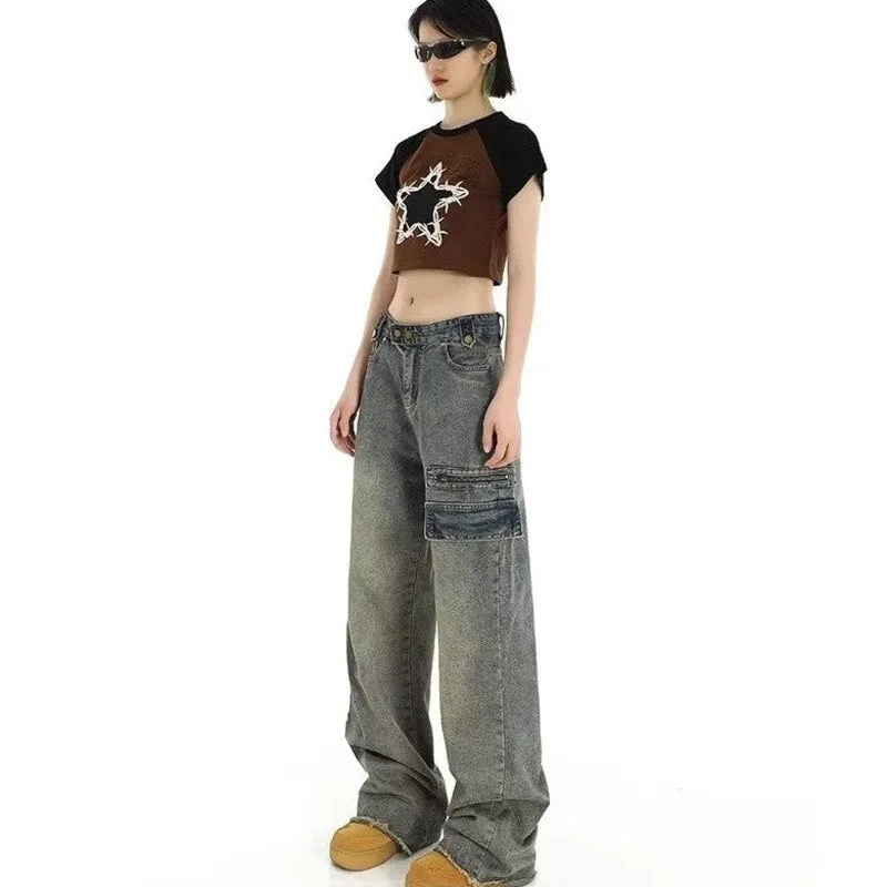 deanwangkt Hong Kong Style Retro High Waisted Workwear Jeans, Women's Summer New Unique Design, Straight Pocket, Floor Long Pants