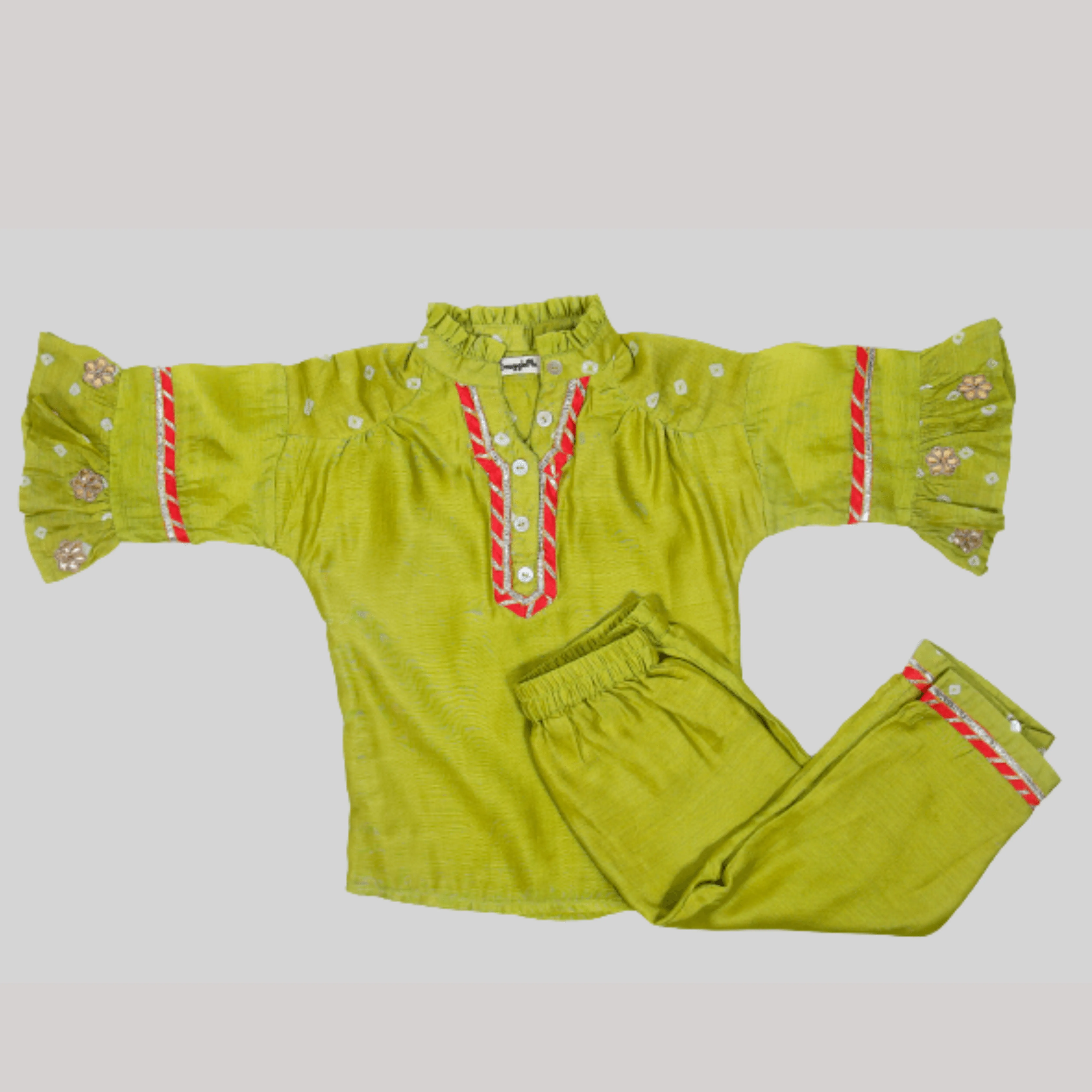 Girls Ethnic Gota Work Coord Set Style Kurta Set - Lime Green