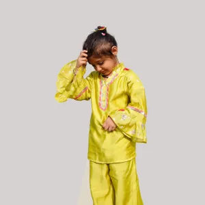 Girls Ethnic Gota Work Coord Set Style Kurta Set - Lime Green