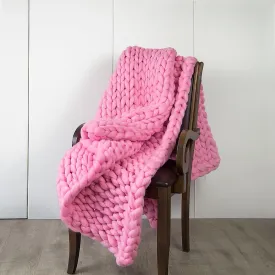 Hand-Knitted Thick Pink Acrylic Yarn Blanket, 120x180cm