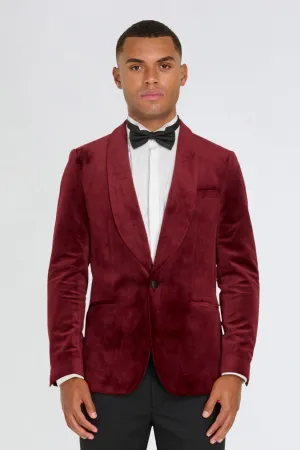 Leo Velvet Tuxedo Dinner Jacket with Shawl Lapel Detail in Burgundy