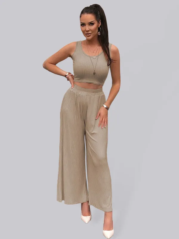 Women's Casual Solid Color Wide Leg Pants and Vest Fashion